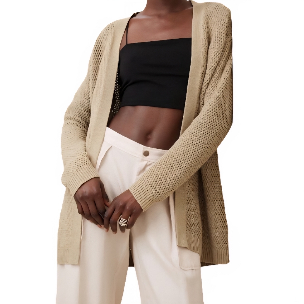 Banana Republic Open Stitch Cardigan Sweater Khaki Beige Taupe Duster Brown Wrap